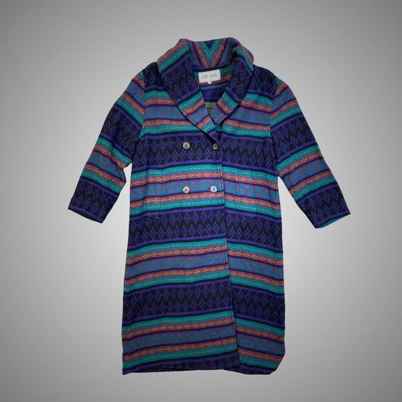 JM Joss Jackets & Blazers - Vintage JM Joss Southwestern Geometric Duster Coat Purple Teal Shawl Collar 12